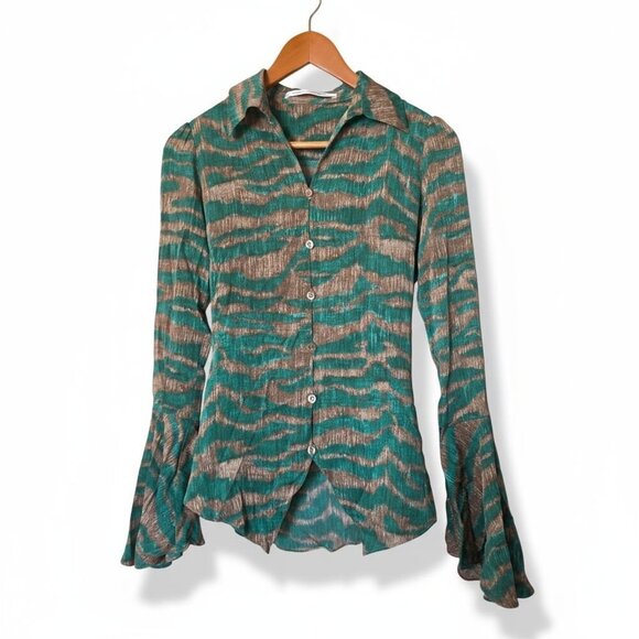 Diane von Furstenberg DVF XS Blouse Green Brown Animal Print Bell Sleeve Button - Picture 2 of 14